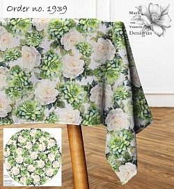 White roses and succulent tablecloth
